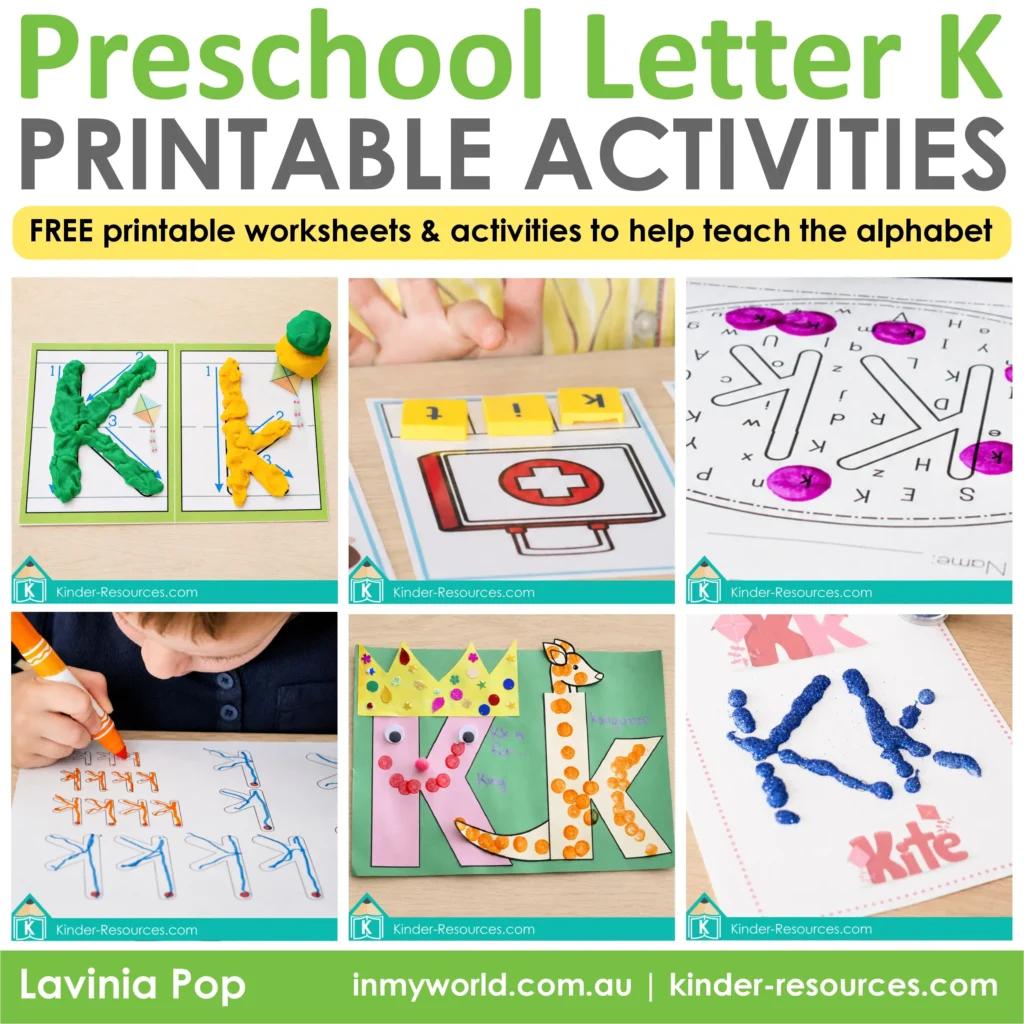 Free preschool letter K printable activities including play dough mats, handwriting practice, letter recognition worksheets, word building, and alphabet crafts.