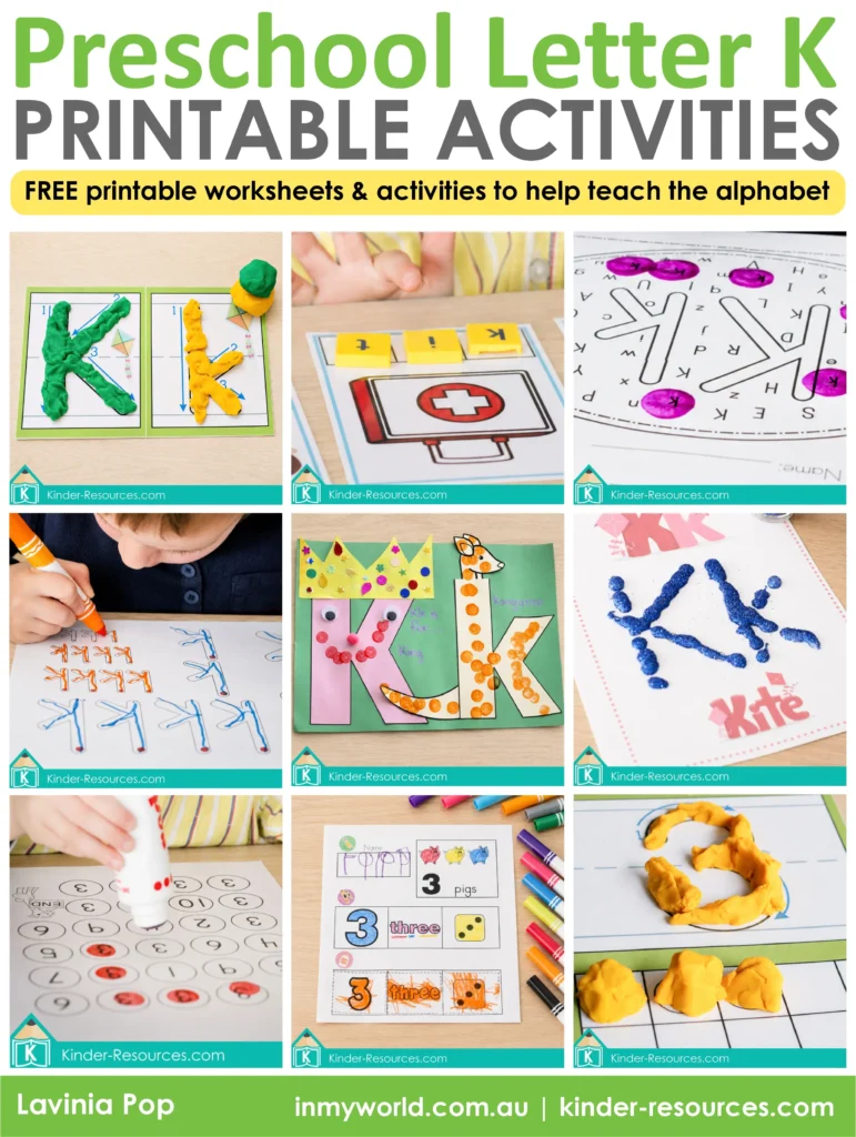 Free preschool letter K and number 3 printable activities with alphabet crafts, play dough mats, handwriting worksheets, counting practice, and letter recognition games.