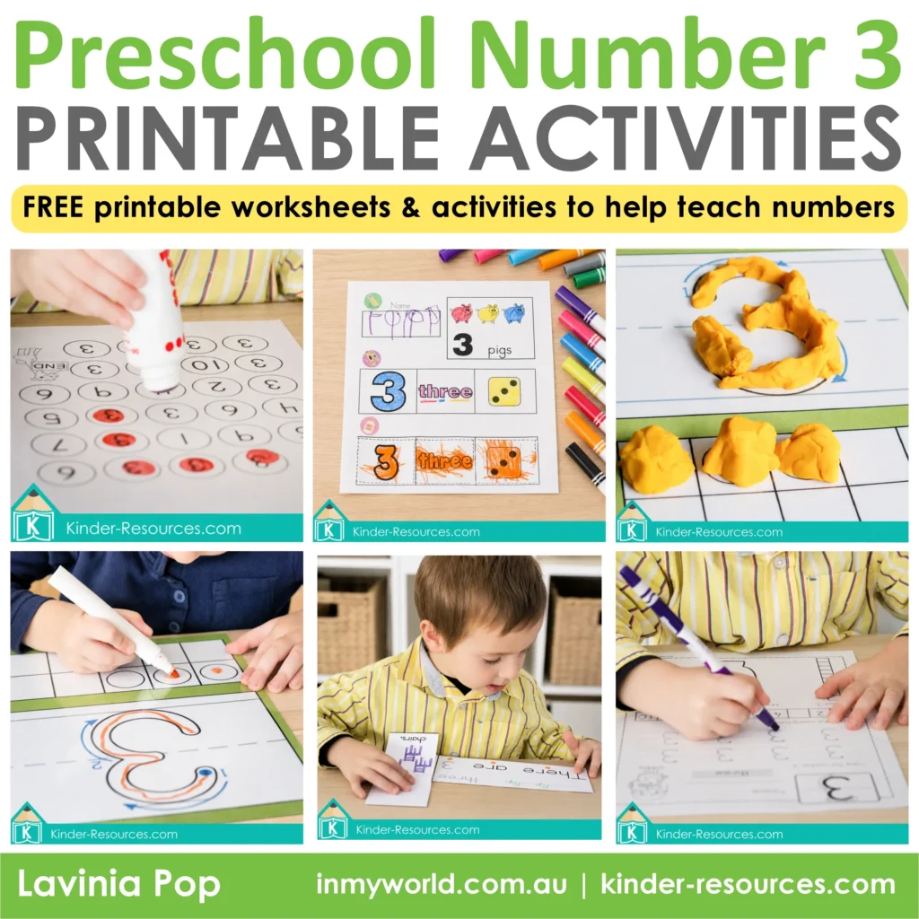 Free preschool number 3 printable activities for counting, numeral formation, handwriting, play dough learning, number recognition, and early math practice.
