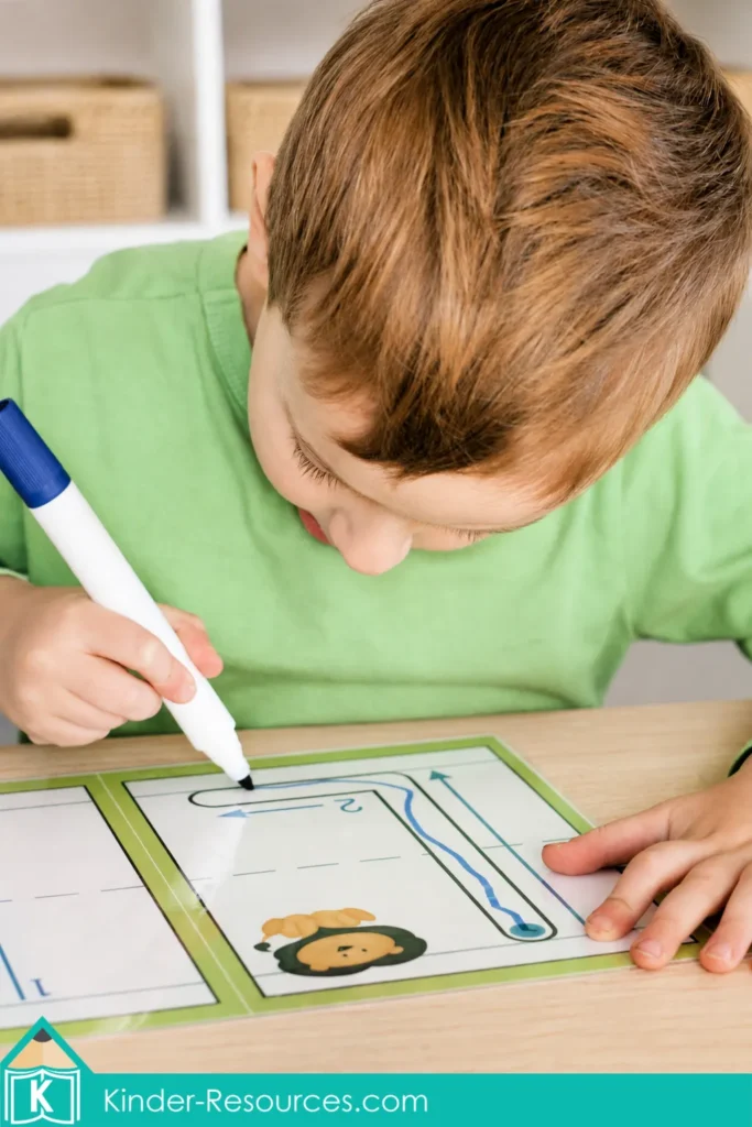 Child tracing letter L on a laminated letter formation mat with directional arrows and a lion picture for preschool handwriting practice.