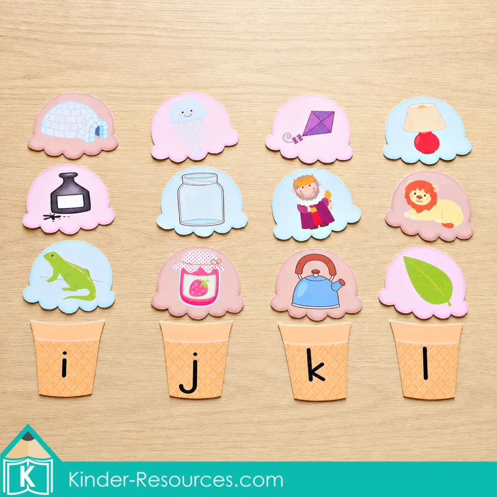 Beginning sound picture scoops and ice cream cones for sorting words that begin with the letters i, j, k, and l.