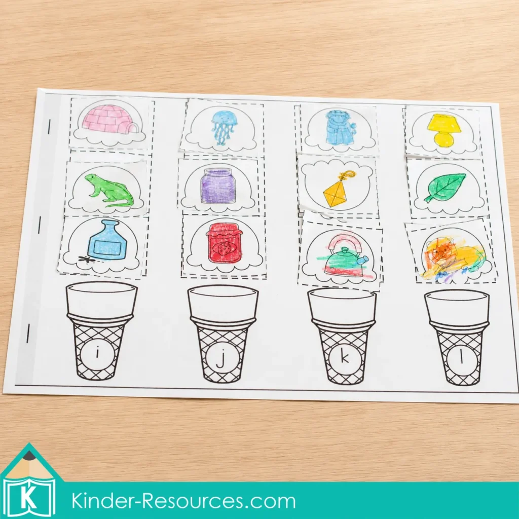 Completed preschool beginning sounds worksheet sorting colored picture scoops onto ice cream cones labeled i, j, k, and l.