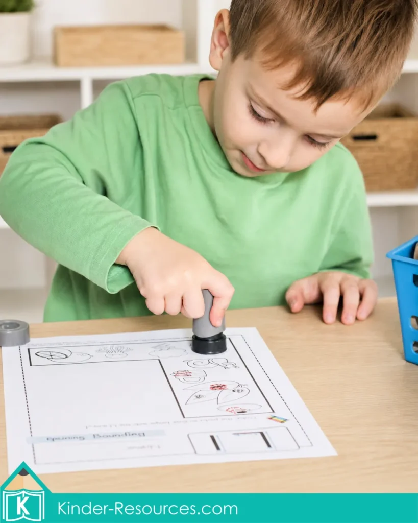 Child marking pictures that begin with the letter L sound using a stamp during a preschool phonics activity.