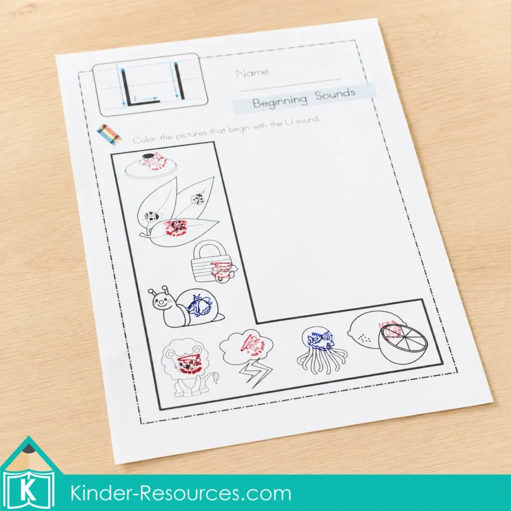 Completed preschool letter L beginning sounds worksheet with child coloring and stamps on pictures beginning with the L sound.