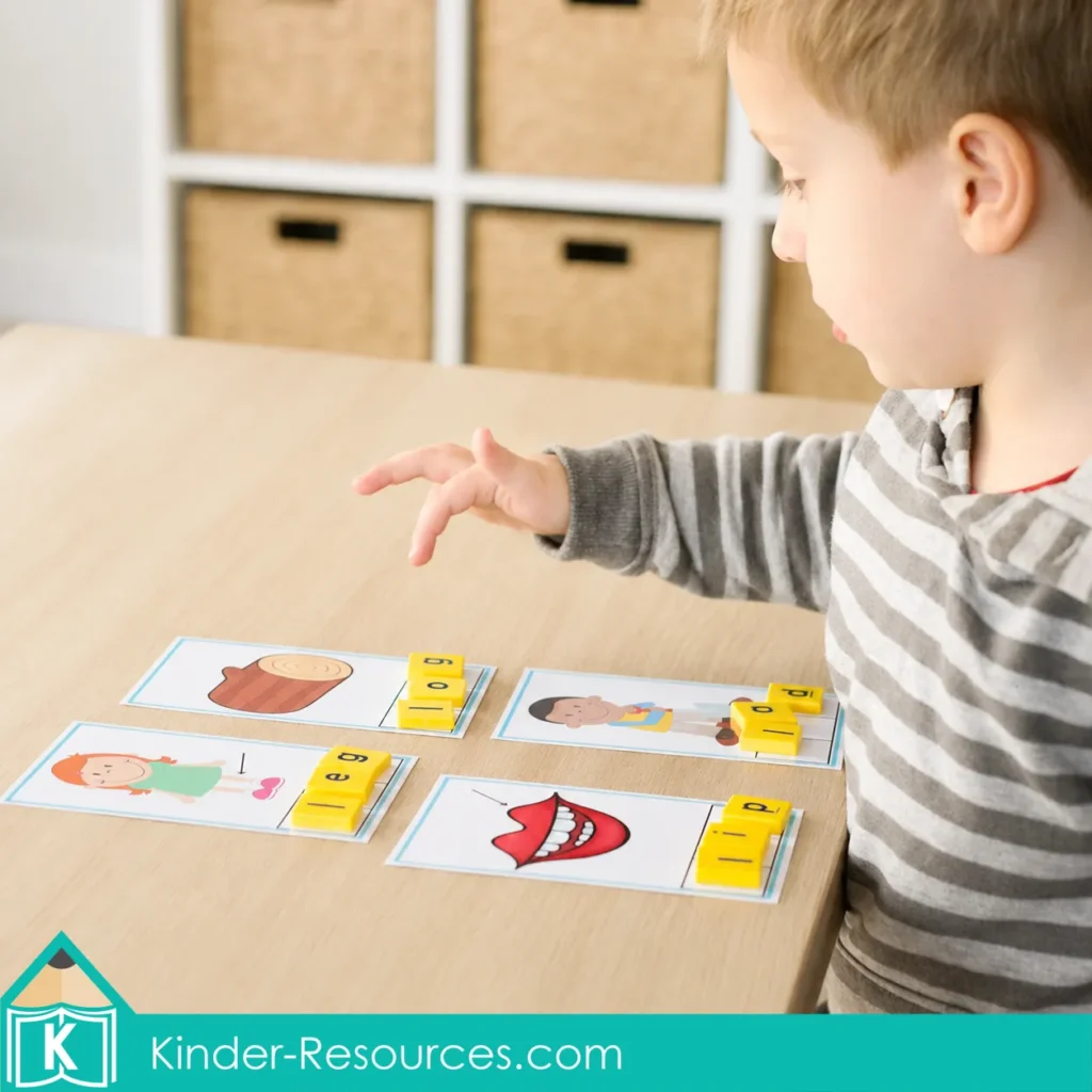 Preschool letter L phonics center for building the CVC words log, leg, lip, and lad with picture cards and letter tiles.