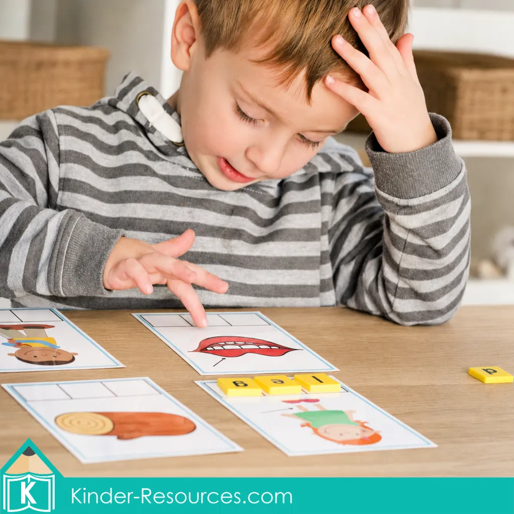 Child using yellow letter tiles and picture cards to build preschool letter L words including log, leg, lip, and lad.