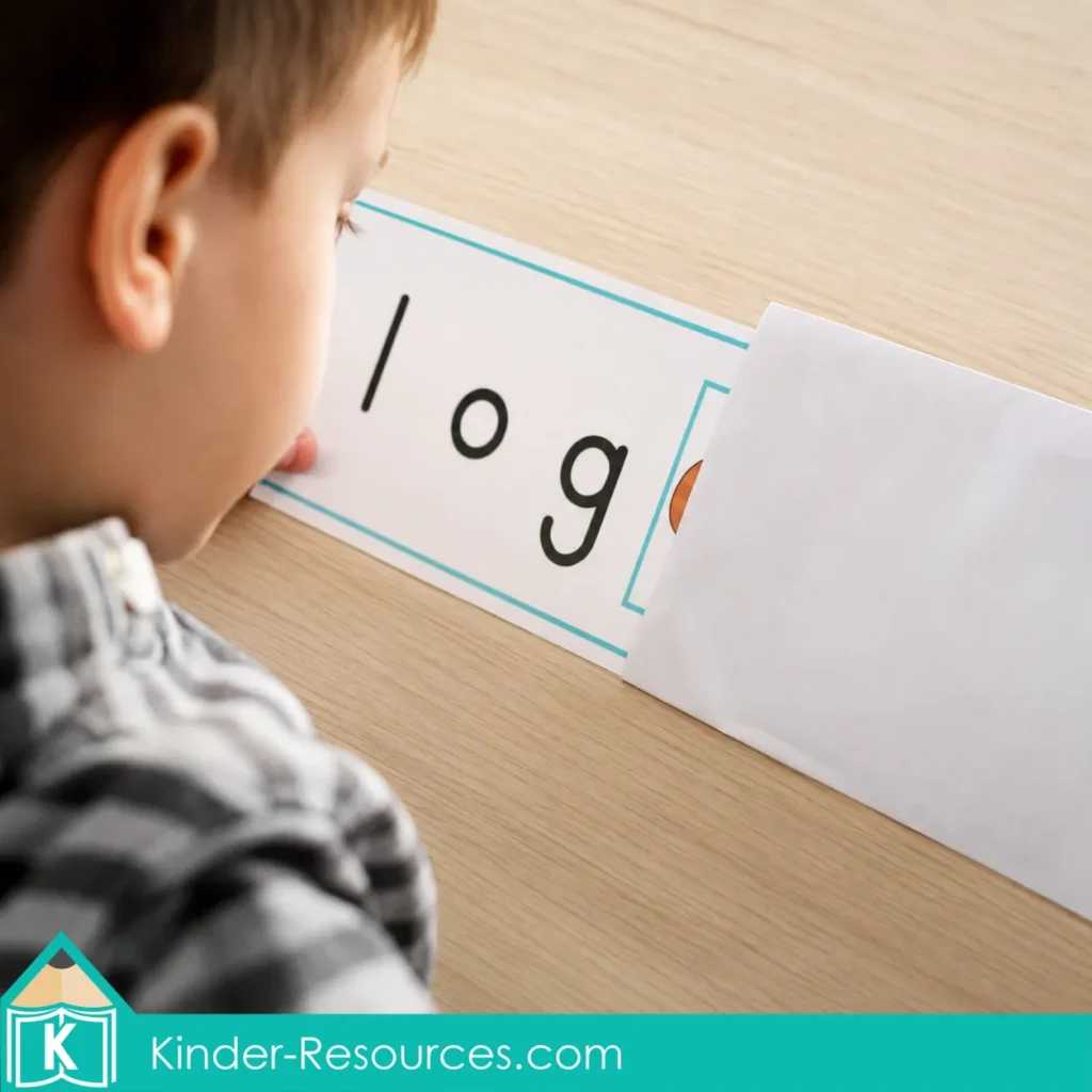 Child reading the CVC word log during a preschool letter L word recognition and beginning phonics activity.