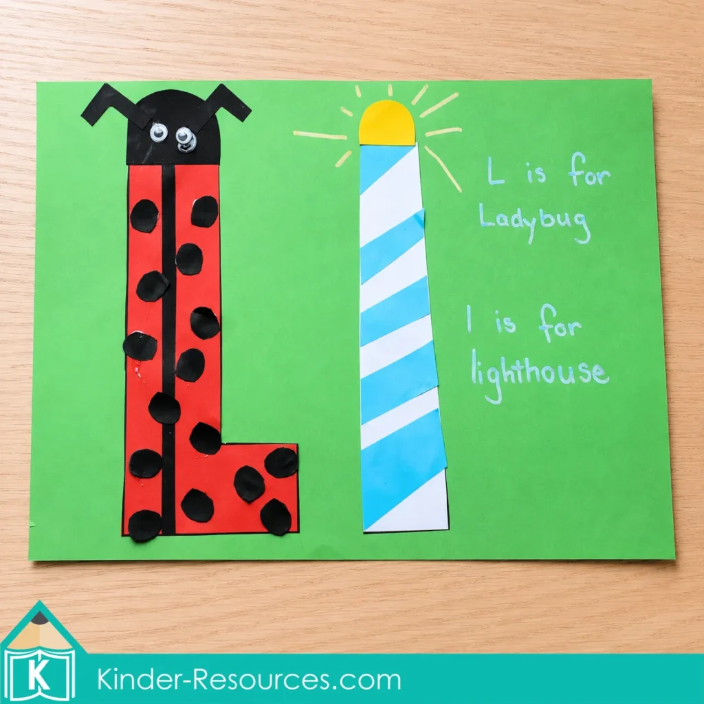 Handmade preschool letter L craft using uppercase L for a ladybug and lowercase l for a lighthouse during an alphabet art activity.