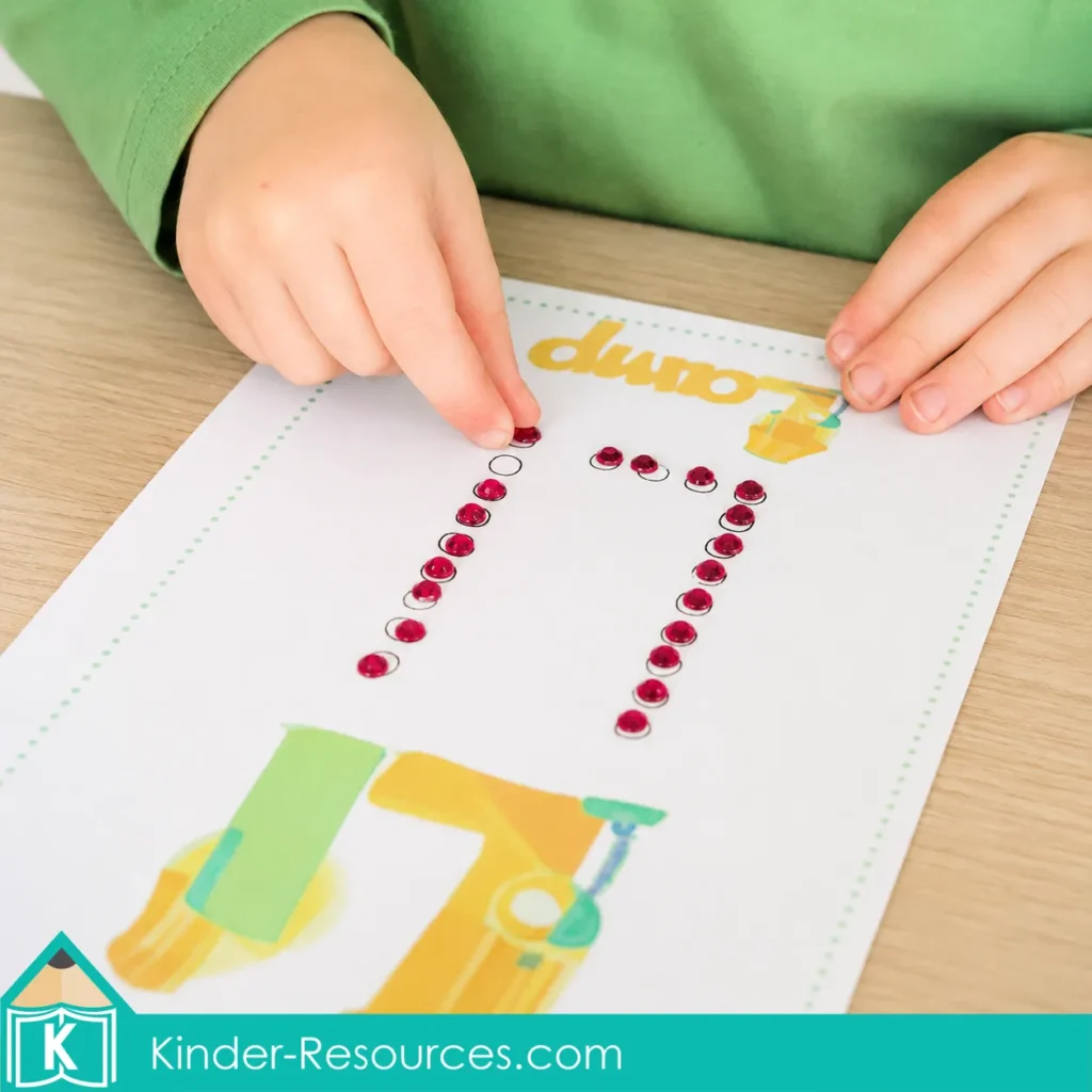 Child placing pink gems along dotted letter L formation paths for preschool fine motor and alphabet practice.