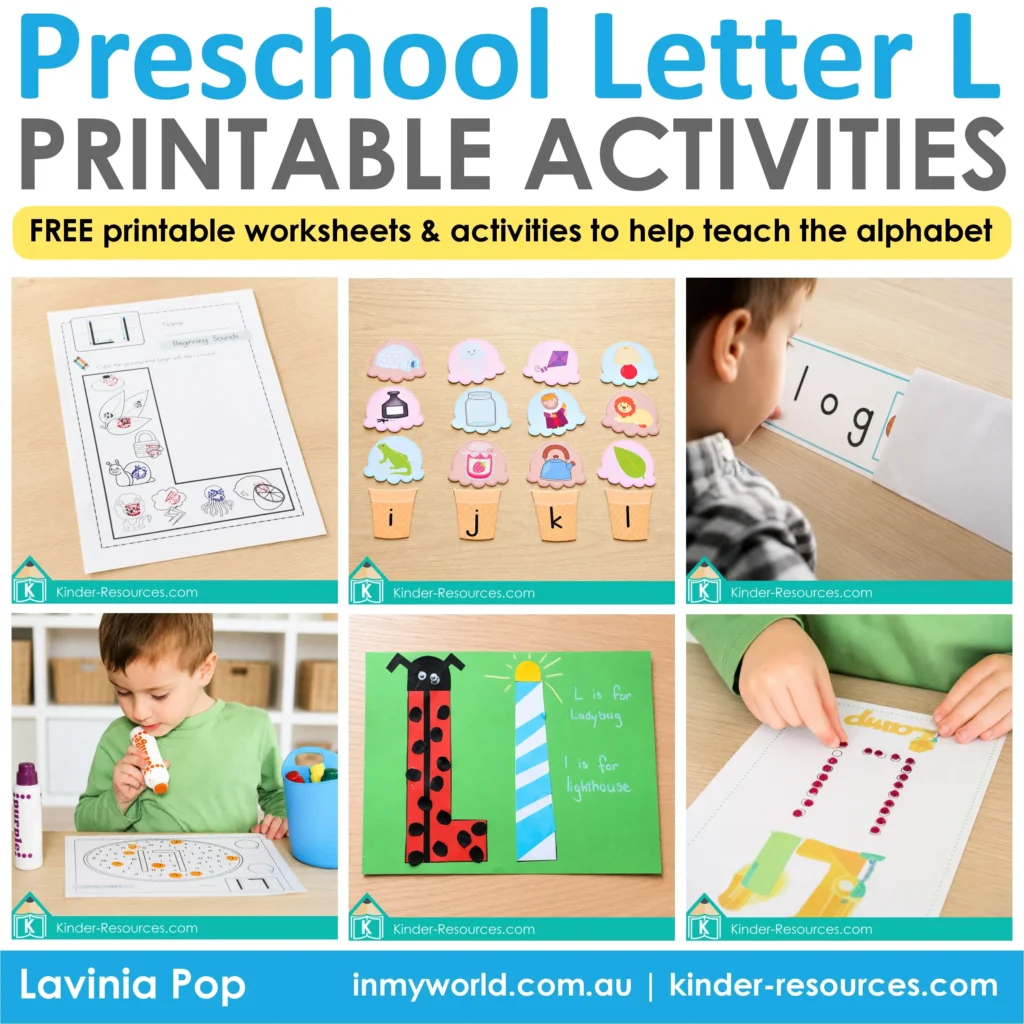 Preschool Letter L printable activities featuring beginning sounds, CVC word sliders, letter recognition, an alphabet maze, fine motor practice and Letter L crafts.