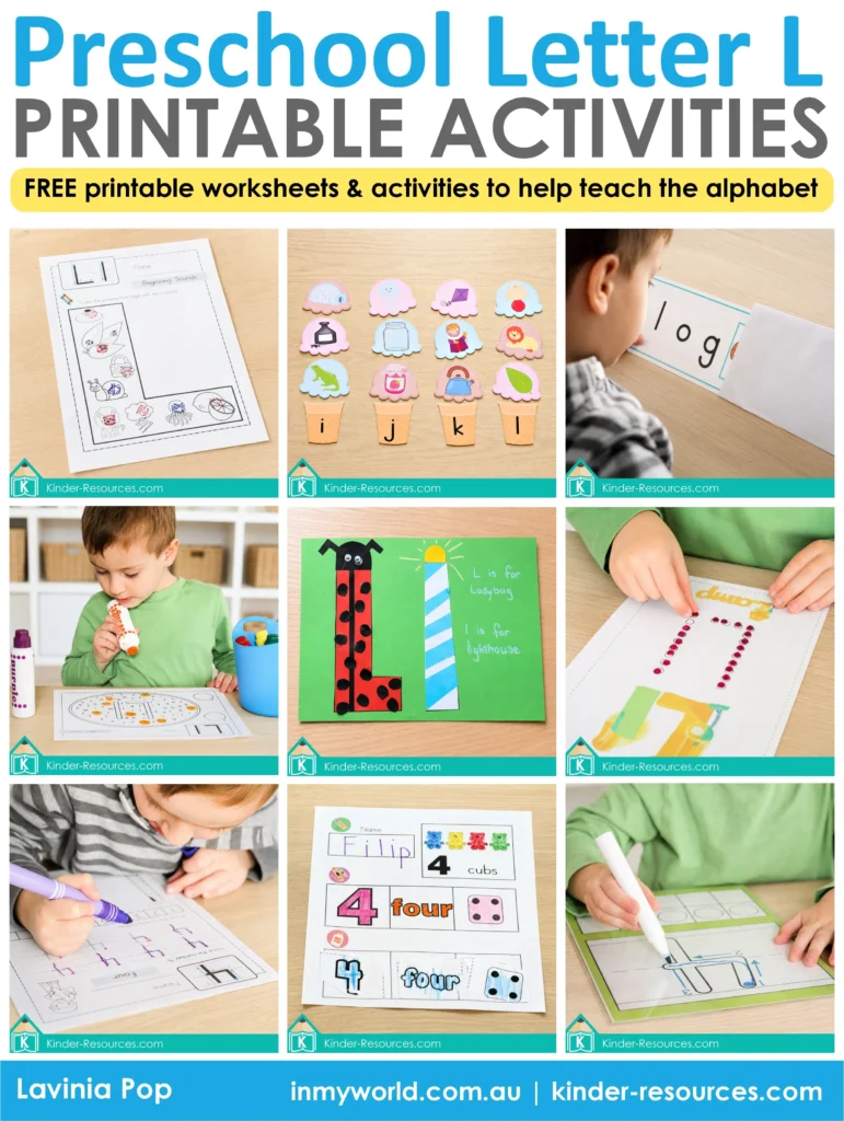 Preschool Letter L activities and number 4 printables featuring beginning sounds, CVC words, letter recognition, fine motor crafts, tracing and number worksheets.
