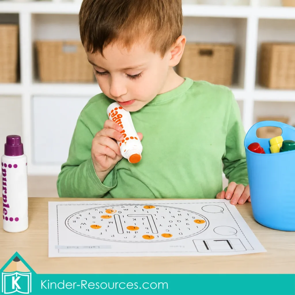 Child using an orange bingo dauber to find uppercase and lowercase L during a preschool letter recognition activity.