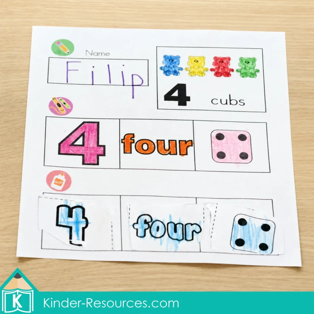 Completed preschool number 4 worksheet with the numeral 4, number word four, four-dot die, four colored cubs, and glued matching pieces.