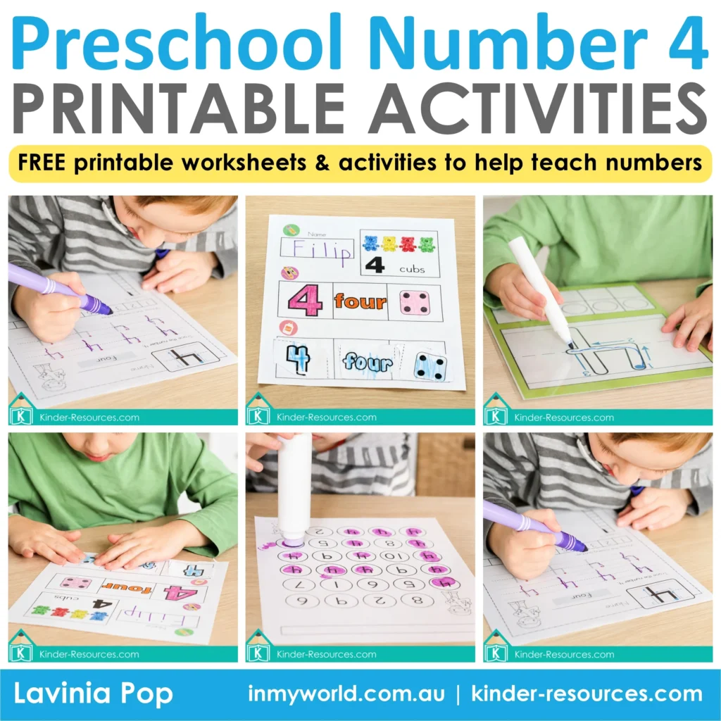 Preschool number 4 printable activities featuring numeral tracing, a number maze, cut and paste worksheets, counting practice and reusable number formation mats.