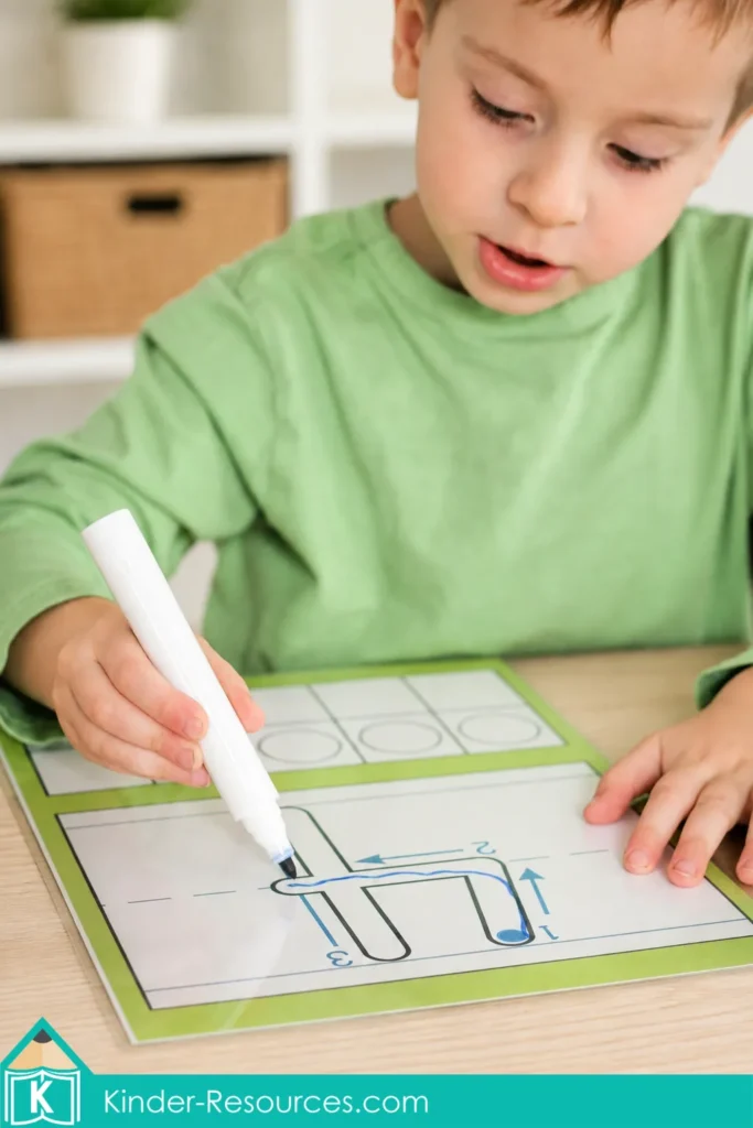 Child tracing the number 4 formation path with a dry erase marker on a laminated preschool handwriting mat.