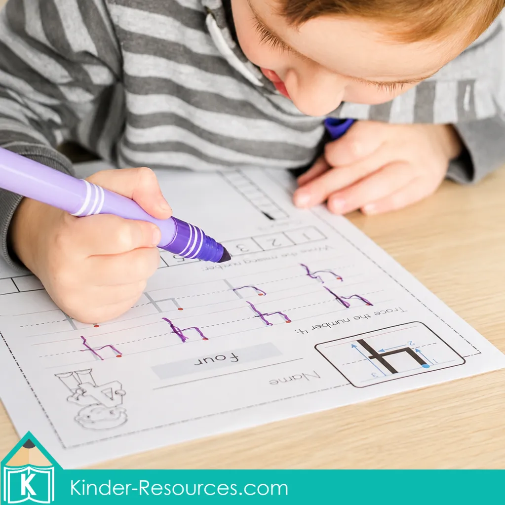 Child tracing numeral 4 with a purple marker during a preschool number 4 handwriting and formation activity.