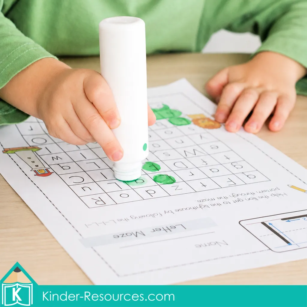 Child using a green bingo dauber to follow uppercase and lowercase L through a preschool letter L recognition maze.