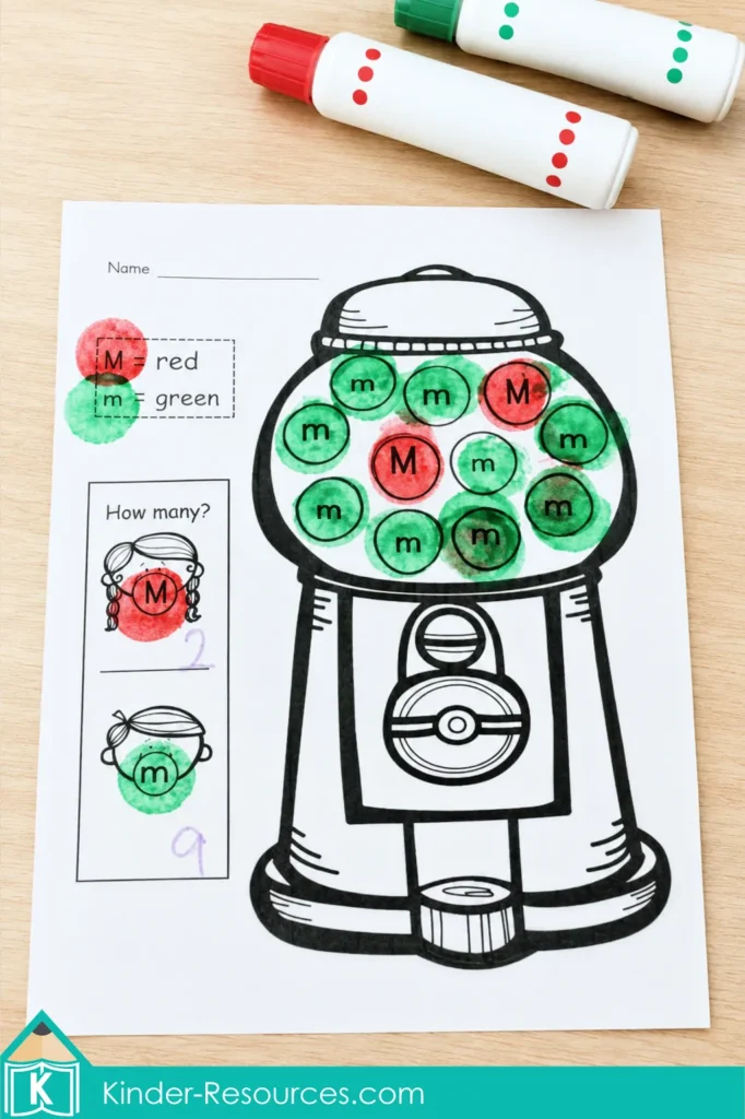 Preschool letter M recognition worksheet using red and green bingo daubers to identify uppercase M and lowercase m in a gumball machine.