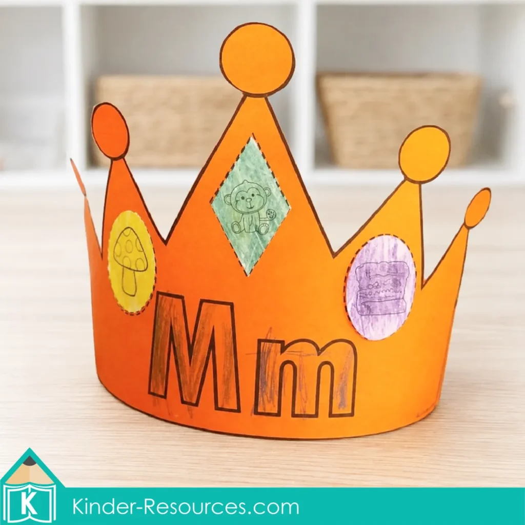 Completed orange preschool letter M alphabet crown decorated with uppercase M, lowercase m, and child colored pictures beginning with M.