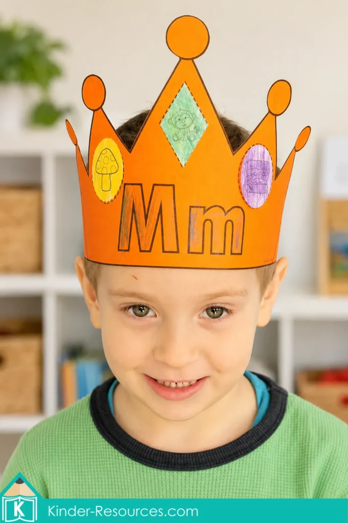 Child wearing a handmade orange preschool letter M alphabet crown decorated with uppercase M, lowercase m, and pictures beginning with M.