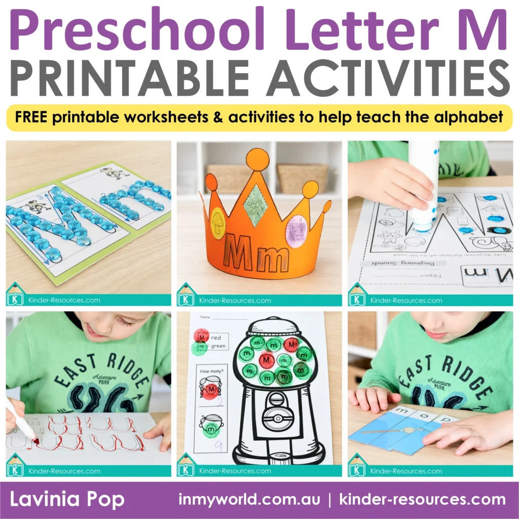 Preschool Letter M activities and number 5 printables featuring letter formation, beginning sounds, CVC words, an alphabet crown, number tracing and number sense worksheets.