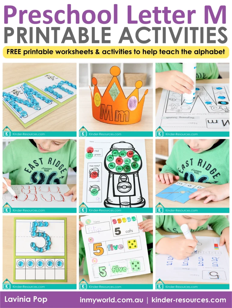Preschool Letter M printable activities featuring beginning sounds, letter formation, a dot marker worksheet, an alphabet crown and CVC word puzzles.
