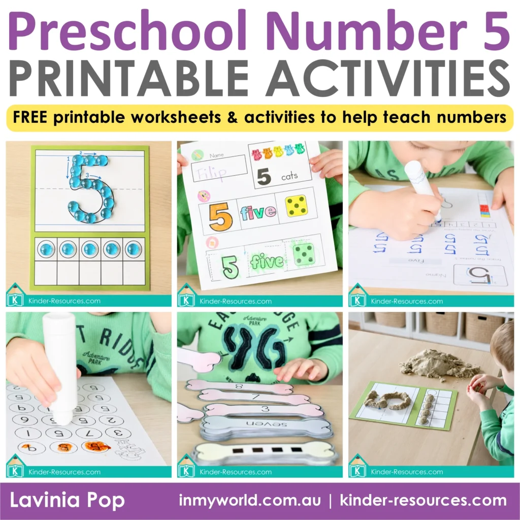 eschool number 5 printable activities featuring numeral formation, a number maze, cut and paste matching, handwriting practice, number sense and sensory learning.