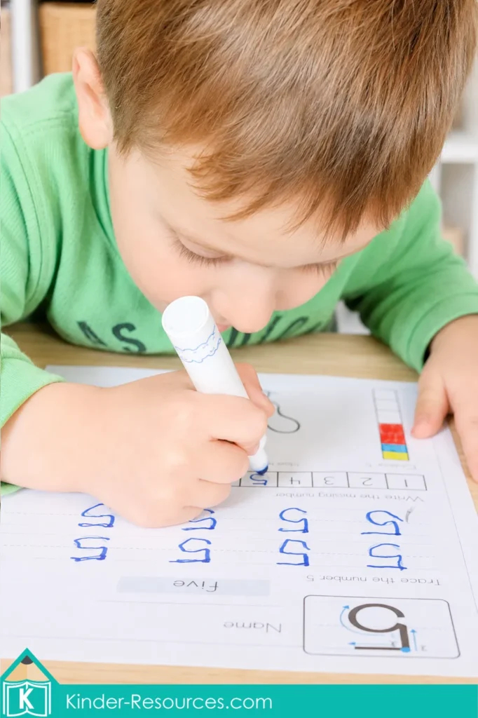 Child tracing numeral 5 and completing missing number practice on a preschool number 5 handwriting and number concepts worksheet.