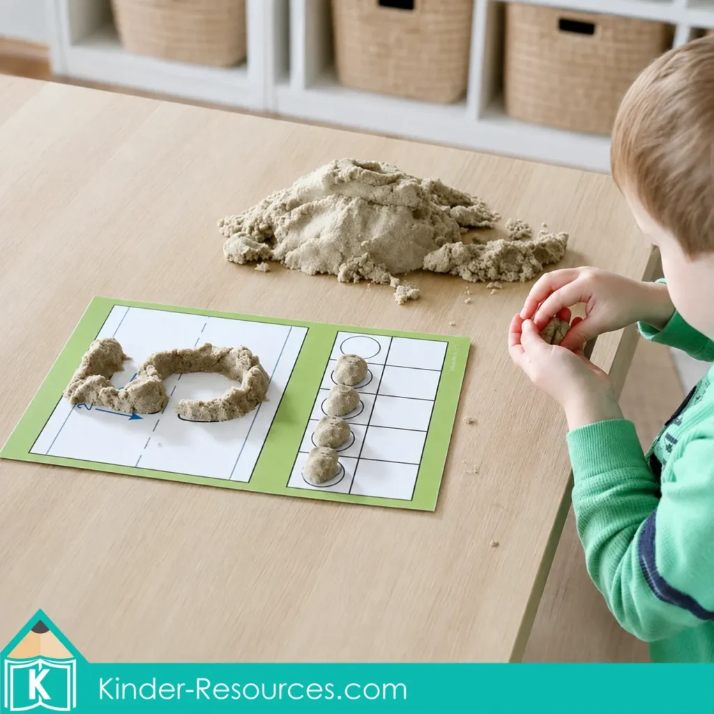 Child forming numeral 5 with beige kinetic sand and placing five sand portions on a ten frame during a preschool number 5 sensory math activity.