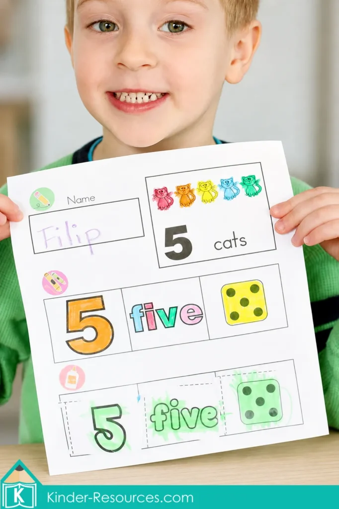 Child holding a completed preschool number 5 cut and paste worksheet matching five cats, numeral 5, number word five, and a five dot die.