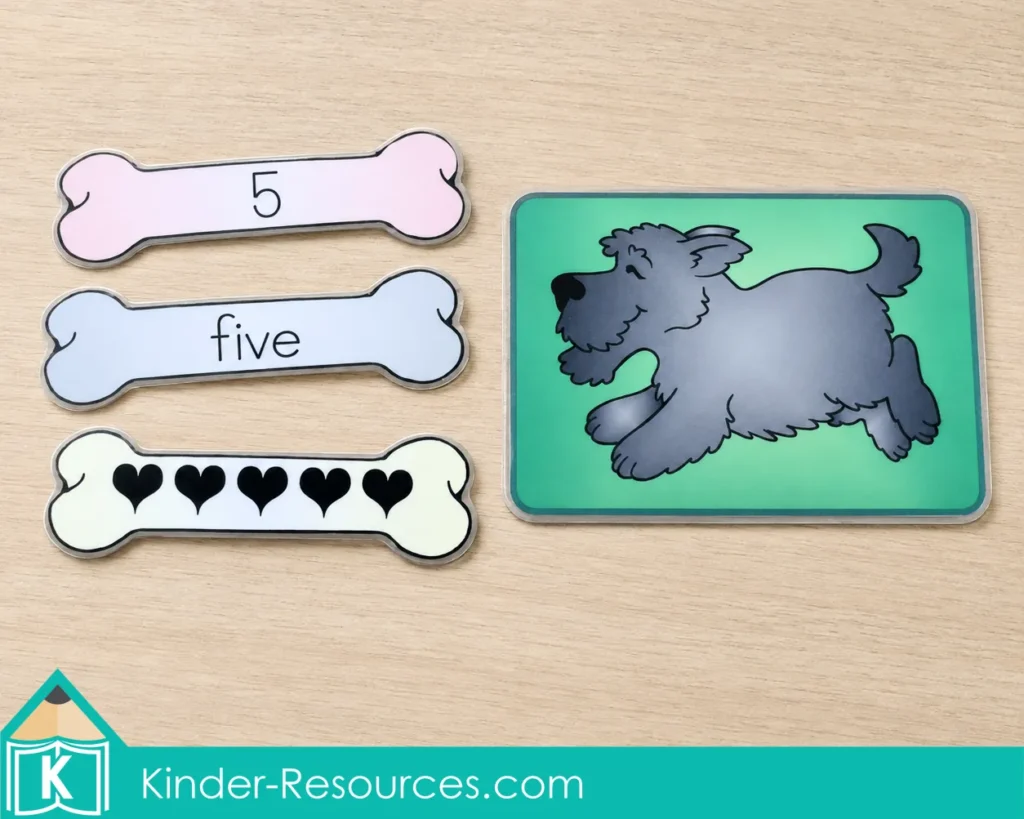 Preschool number 5 matching activity with a dog card and bone cards displaying numeral 5, the word five, and five heart shapes.