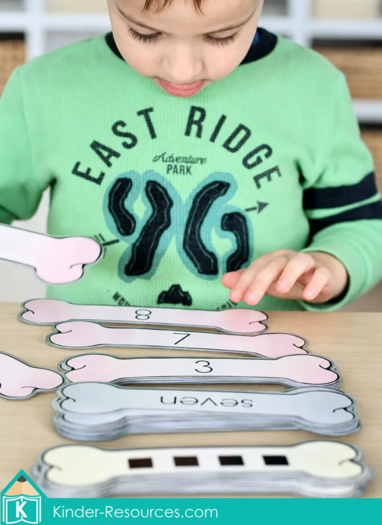 Preschool number sense activity for matching dog bone cards with numerals, number words, and ten frame representations.