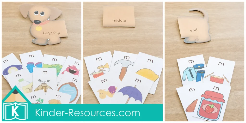 Preschool Letter M Sound Hound activity for sorting picture cards by beginning, middle, and ending M sounds during phonemic awareness practice.