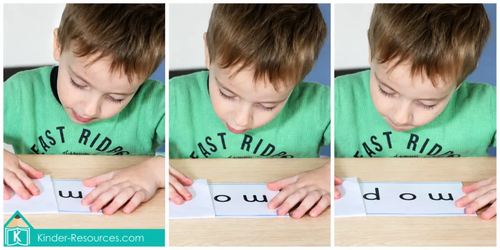 reschool Letter M word slider cards used to build and read simple CVC words during an early phonics activity.