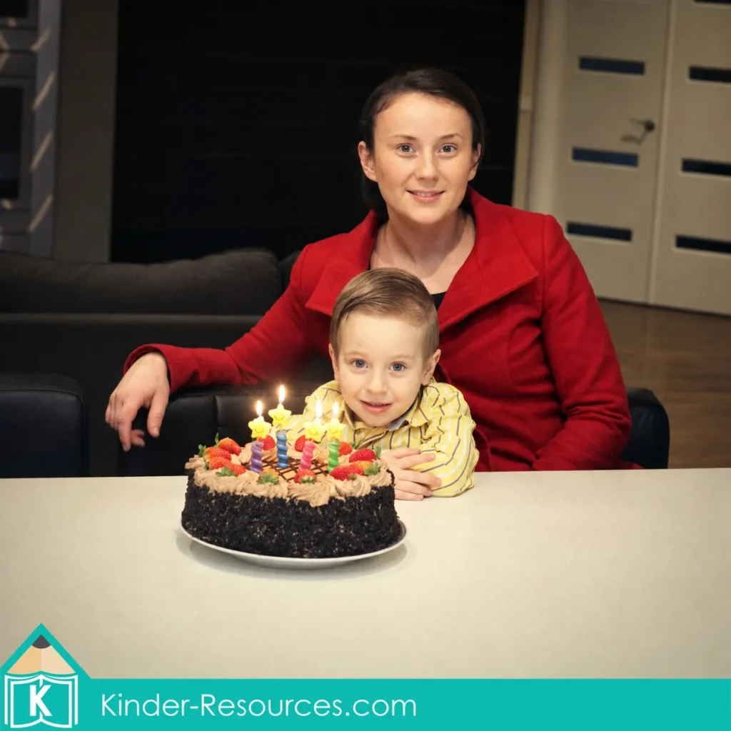 Young preschool child celebrating his birthday with his mum beside a chocolate strawberry cake with glowing candles.