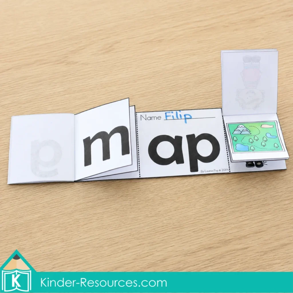 Open AP word-family flip-flap book showing the word map with movable beginning-letter and picture flaps.