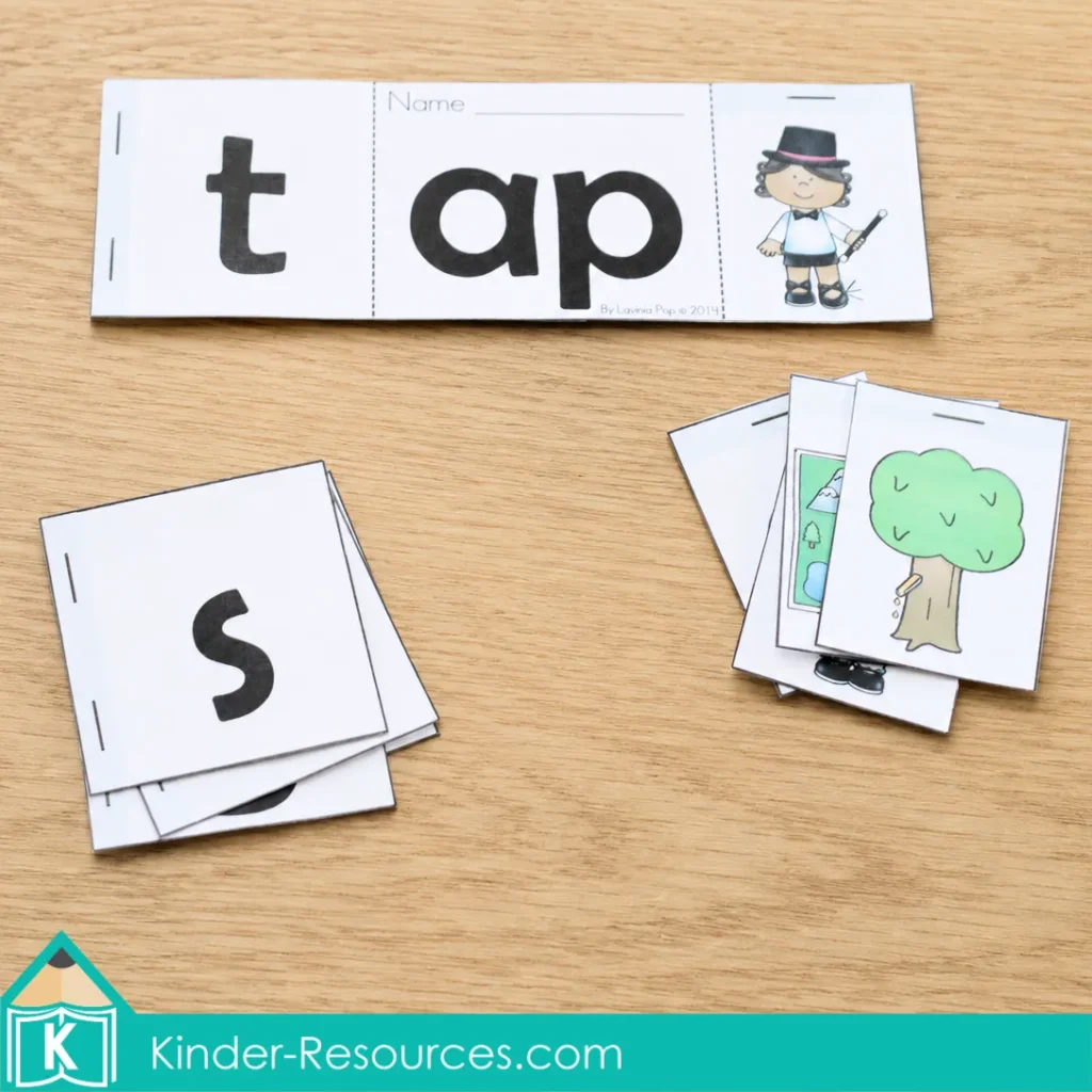 AP word-family flip-flap book pieces with letter cards, picture flaps and a completed tap word strip.