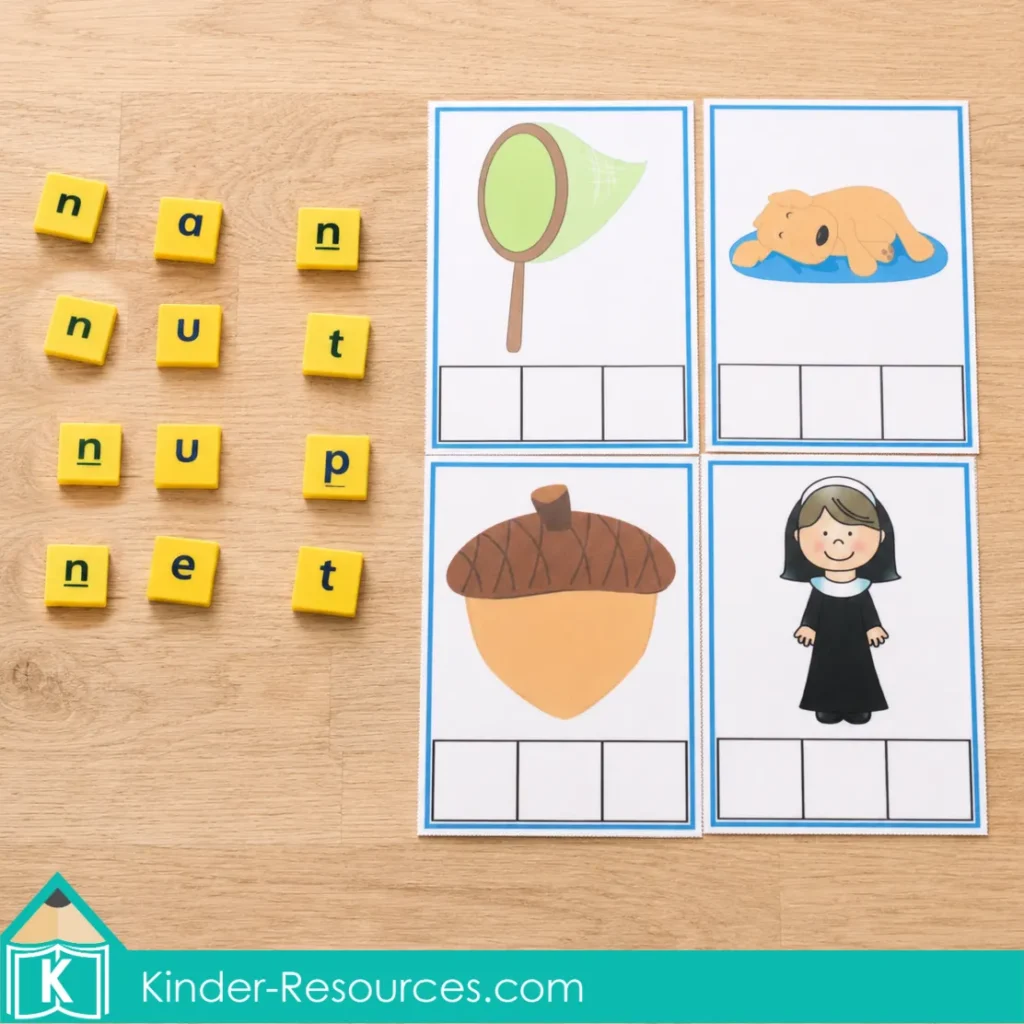 Preschool CVC word-building mats for nap, nut, net and nun with twelve yellow lowercase letter tiles ready for matching.