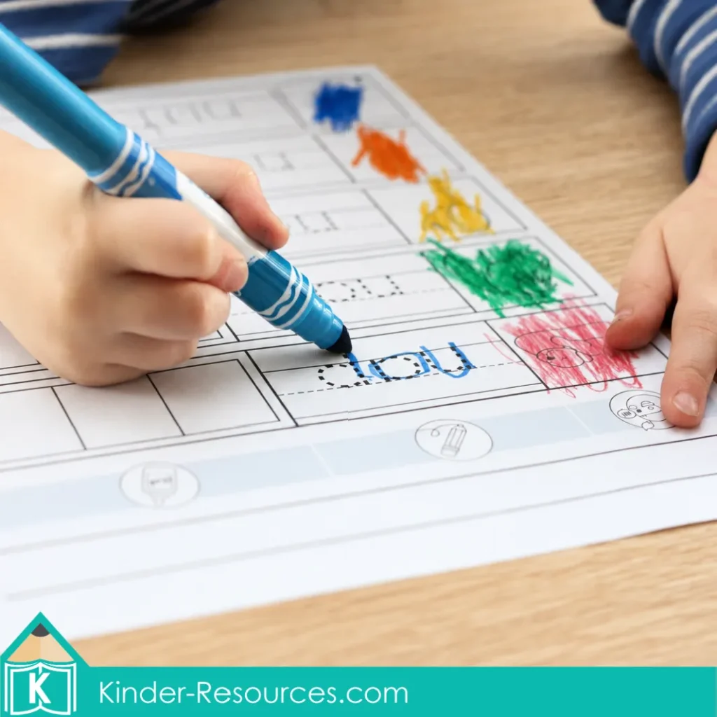 Preschool child tracing the word “nap” with a blue marker on a Letter N phonics worksheet.