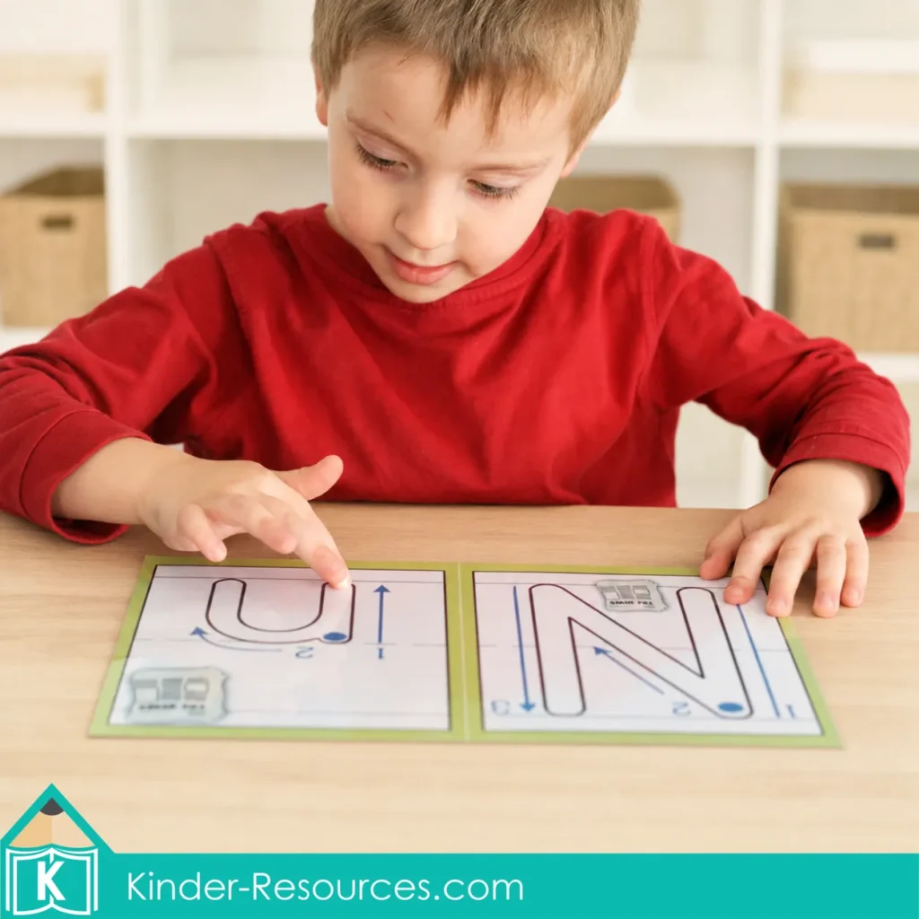 Child finger tracing uppercase alphabet letter formation mats for preschool handwriting practice.