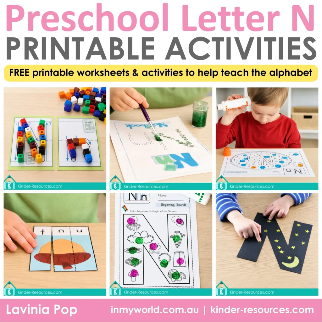 Preschool Letter N printable activities featuring letter formation, beginning sounds, a letter maze, CVC word puzzles, fine motor painting and an alphabet craft.
