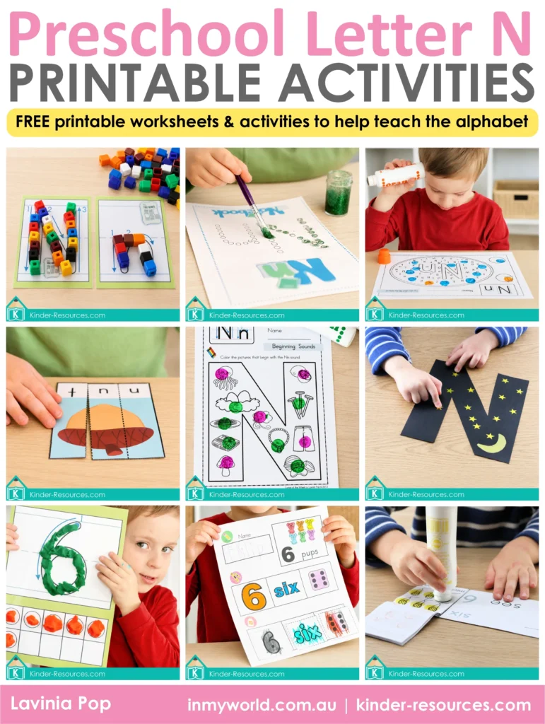 Preschool Letter N activities and number 6 printables featuring beginning sounds, letter formation, CVC words, an alphabet craft, numeral tracing and number worksheets.