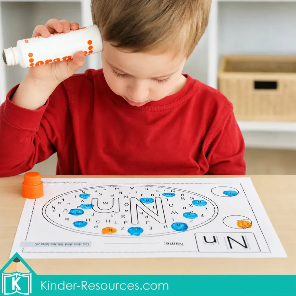 Preschool child using an orange bingo dauber to find uppercase and lowercase N on a printable letter recognition worksheet.
