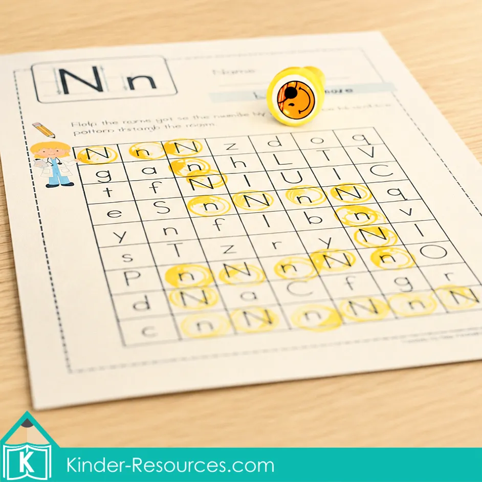 Letter N find and color maze worksheet with uppercase and lowercase N letters marked in yellow for preschool alphabet practice.