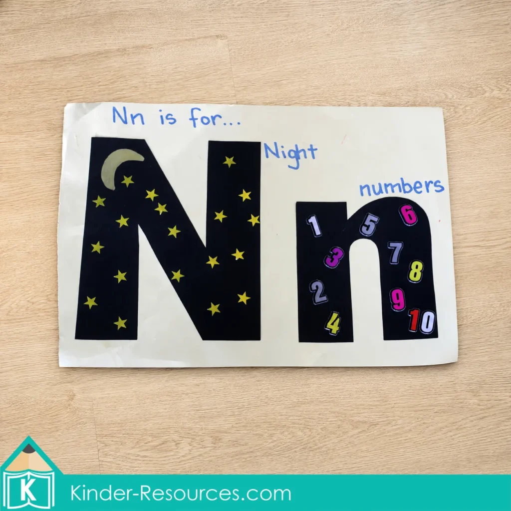 Handmade Letter N poster featuring a night-sky uppercase N and a lowercase n decorated with numbers 1 to 10.