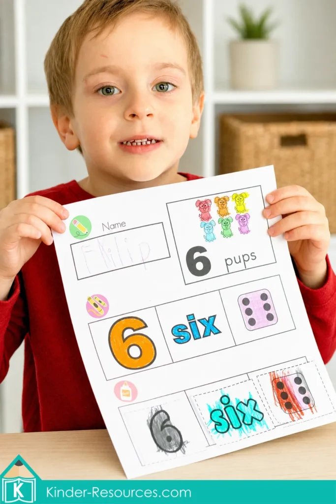 Preschool child holding a completed number 6 worksheet with six puppies, the number word six and a six-dot die.