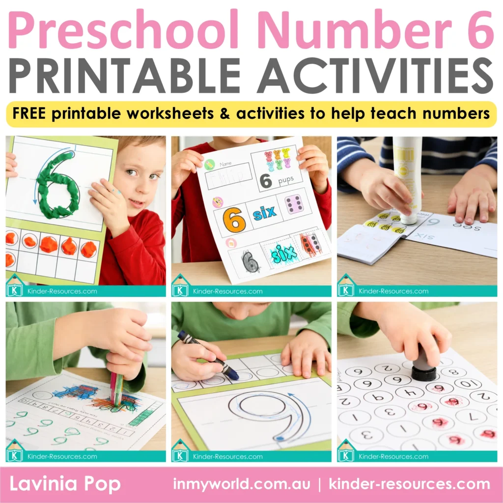 Preschool number 6 printable activities featuring numeral formation, a number maze, cut and paste matching, tracing, counting and number sense practice.