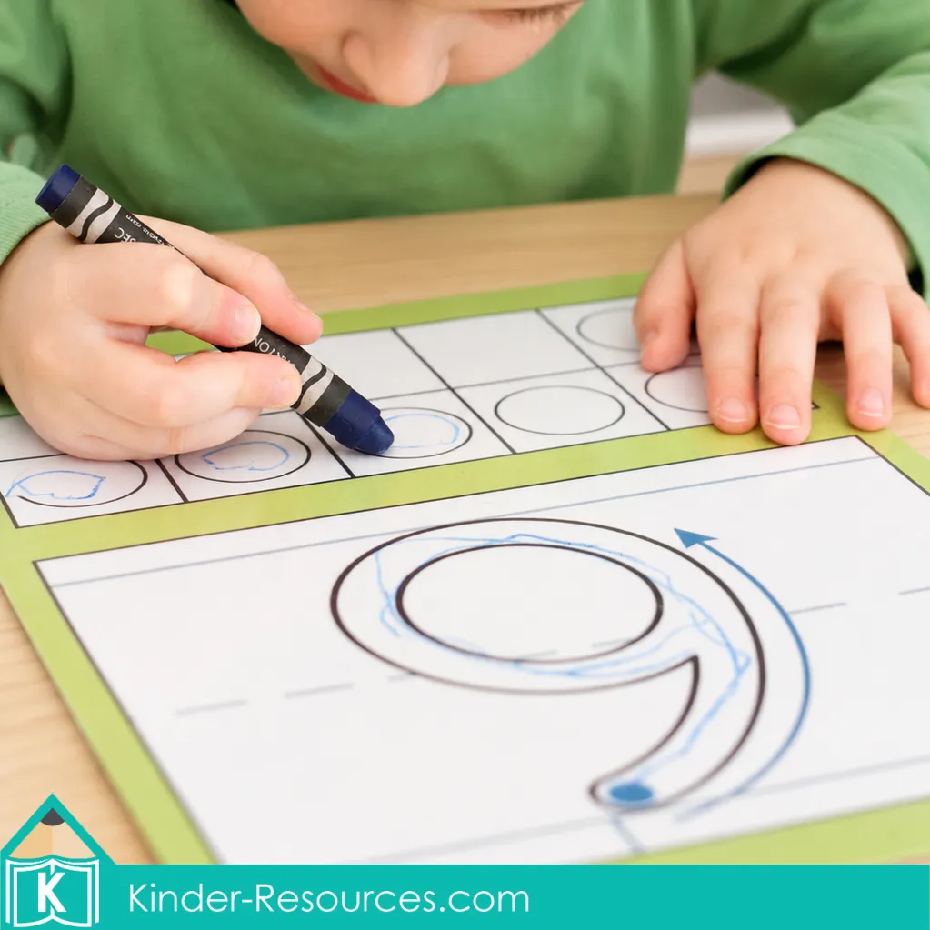 Preschool child tracing a number 6 formation mat and counting circles with a blue crayon.