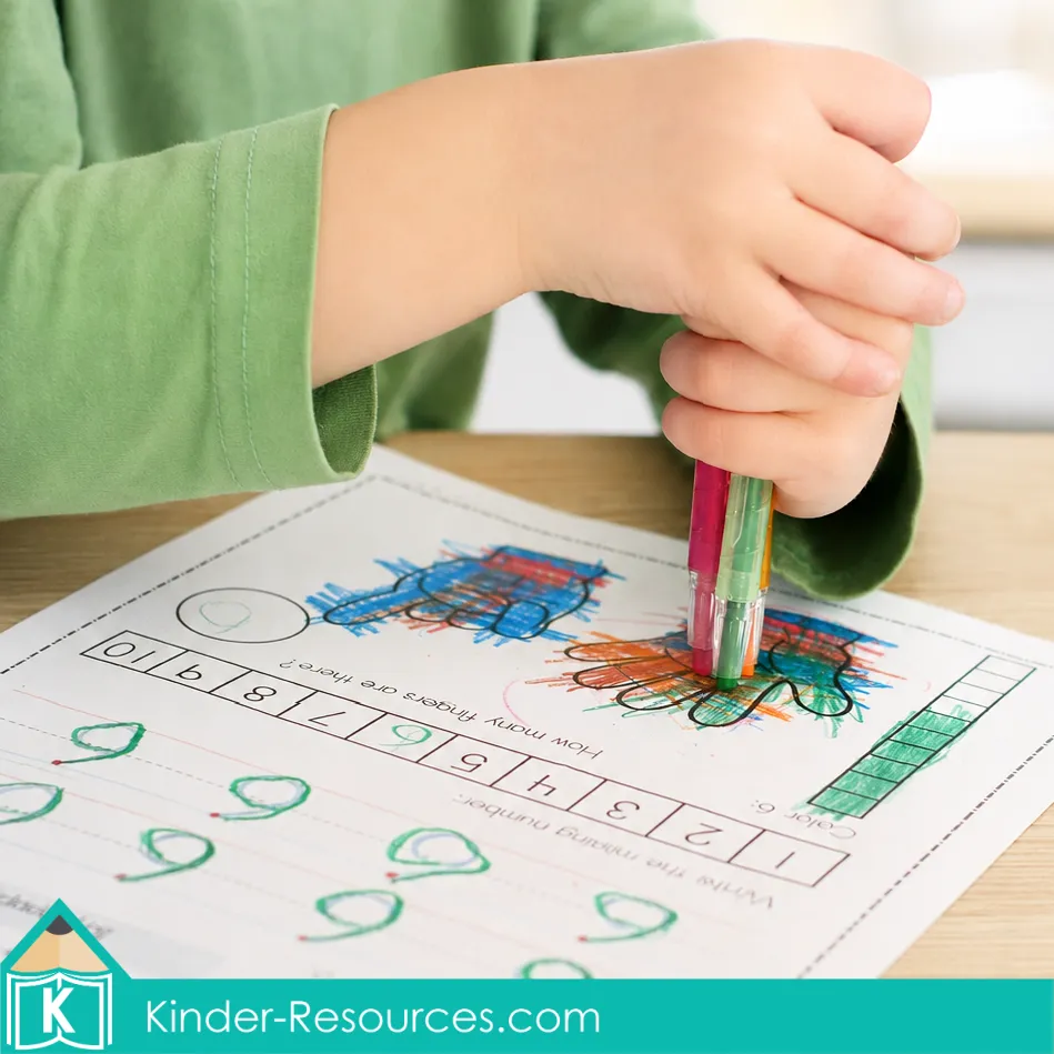 Preschool child coloring a number 6 worksheet featuring counting pictures, a number sequence.