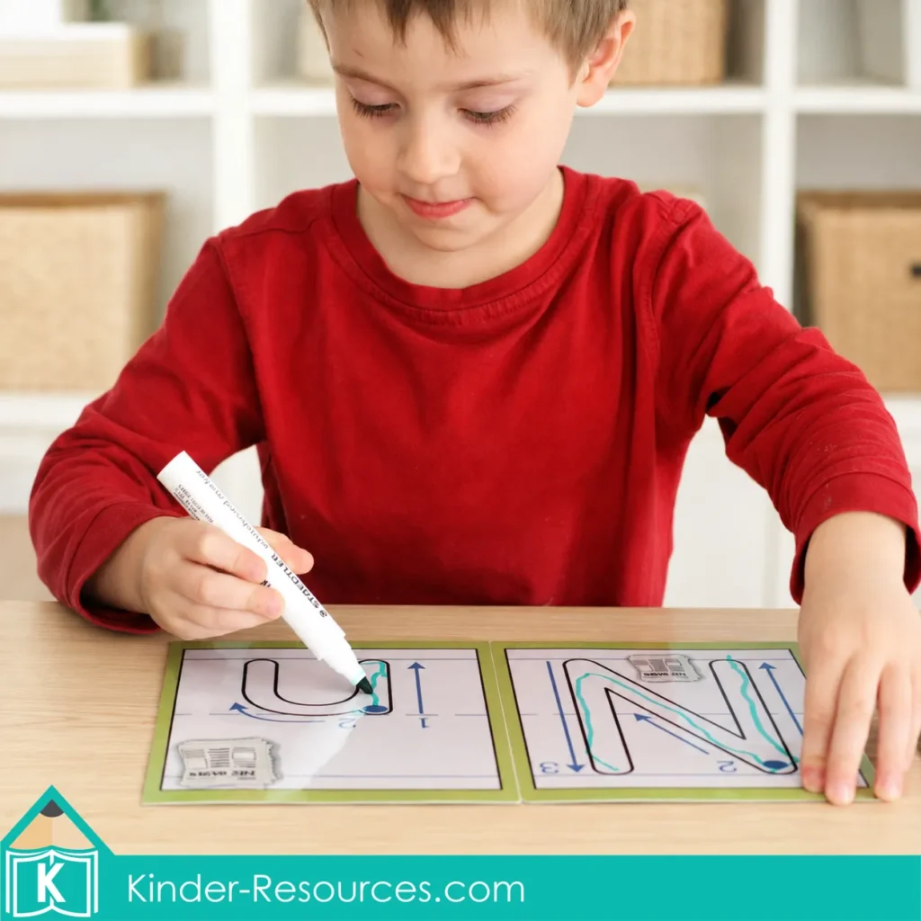 Child tracing uppercase letter formation mats with a dry erase marker for kindergarten handwriting practice.